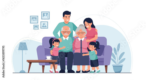 Happy Multi Generational Family Posing Together at Home On The Couch