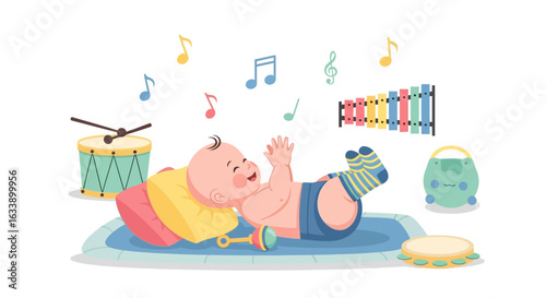 Happy Newborn Lying Surrounded By Colorful Musical Instruments And Music Notes
