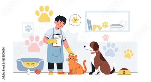 Happy Pets At Veterinary Clinic With Caretaker Taking Notes After Examination