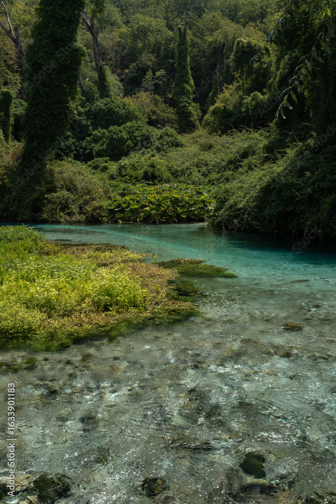 Fototapeta premium Vertical photo of Blue Eye spring (Syri i Kalter) in southern Albania, featuring turquoise water, forest surroundings, and vibrant nature.