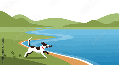 Joyful Dog Fetching Stick Along Lakeside With Scenic Mountain Landscape