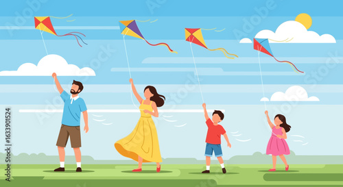 Joyful Family Day Outdoors Flying Kites Together Under Bright Blue Sky