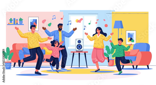 Joyful Family Dancing Together In The Living Room To The Music From The Speaker