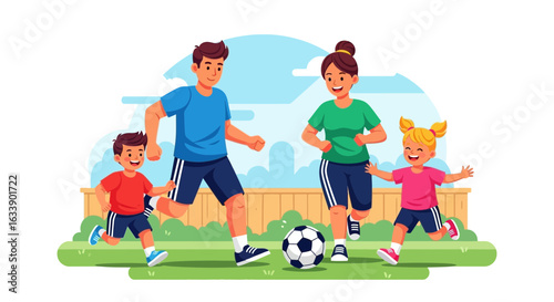 Joyful Family Playing Soccer Together Outdoors On A Sunny Day Illustration