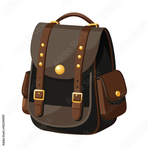 A small vintage black leather backpack with brass buckles and a worn texture, a classic accessory for travel or school.