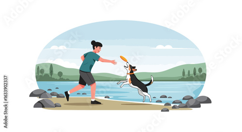 Joyful Moments Man Playing Frisbee With His Dog At The Lake
