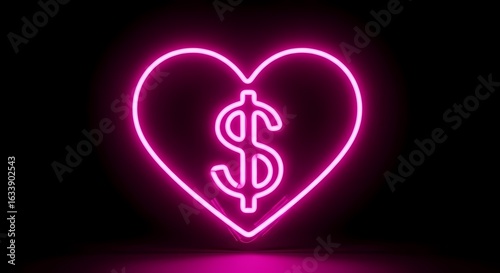A neon-style glowing heart icon with a dollar symbol in the center, symbolizing love and money