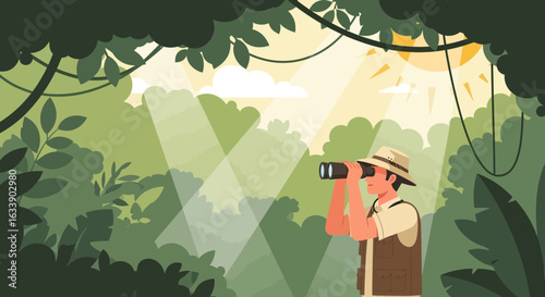 Jungle Explorer Looking Through Binoculars Adventure in the Green Forest