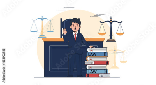 Judge In Courtroom Illustration Depicting Justice With Books And Scales