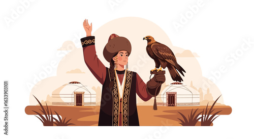Kazakh Nomad With Hunting Golden Eagle Against The Backdrop Of Yurts