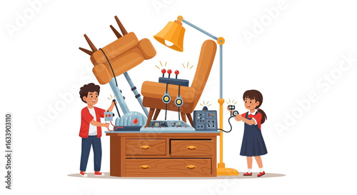 Kids Constructing Absurd Machine With Modified Furniture And Electronics Components