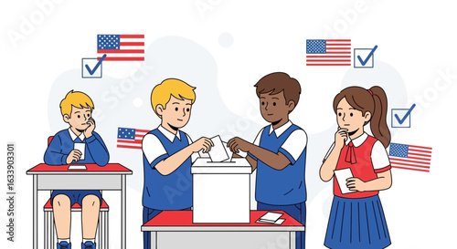 Kids Participate In A Mock Election Classroom With American Flags Theme