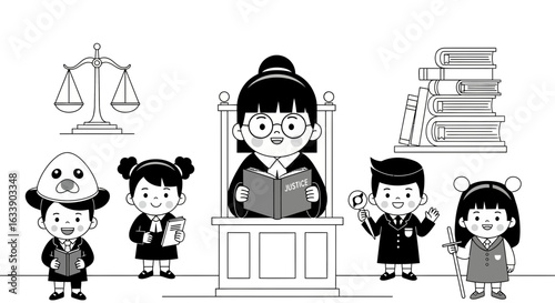 Kids Playing Judge With Scales Books And Legal Roles In Black And White