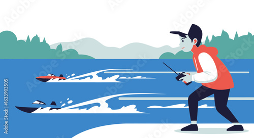 Man Controlling Radio Controlled Boats on Lake in Leisure Outdoor Activity
