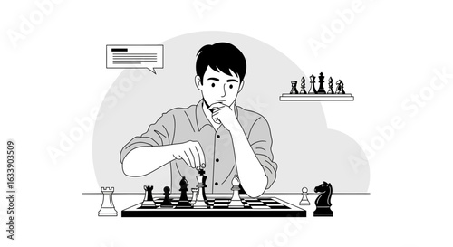 Man Contemplating Next Chess Move Strategy Game Thinking Skill Vector Illustration