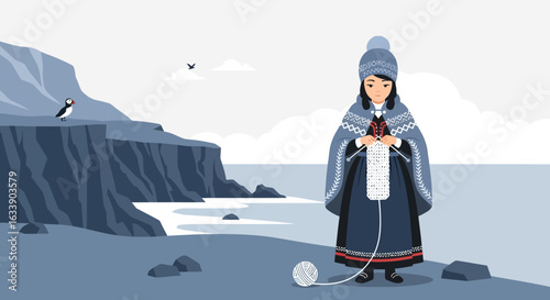 Knitting Girl In Traditional Costume Overlooking Coastal Cliffs Landscape