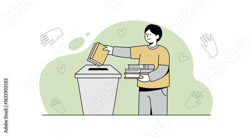 Man Discarding Old Books Into Trash Can Illustration Vector Background