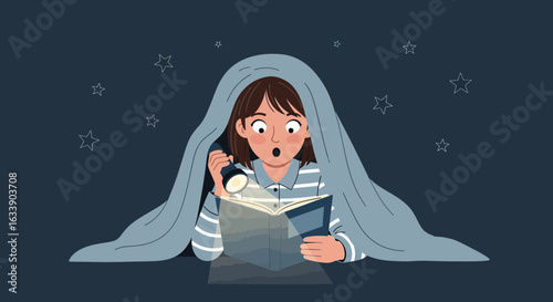 Late Night Reading: Girl Reading Under Blanket With Flashlight At Night
