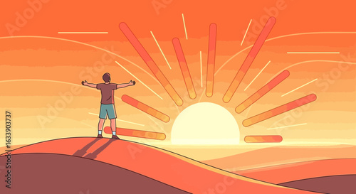 Man Embracing The Sunrise On A Hill With Open Arms Feeling Peaceful