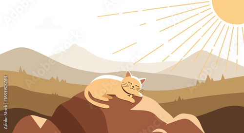 Lazy Afternoon Nap: A Cartoon Cat's Serene Rest On A Hill With Mountain Views