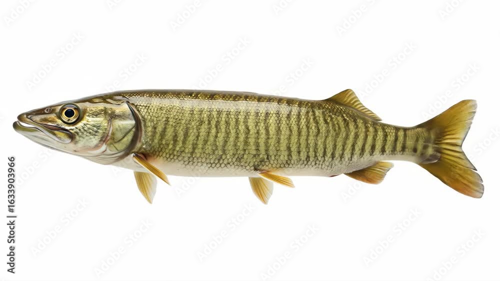 Muskie Fish Isolated on White Background - A detailed close-up shot of a muskie fish, showcasing its distinctive markings and coloration against a clean white backdrop. Muskie Fish Isolated on White Background - A detailed close-up shot of a muskie fish, showcasing its distinctive markings and coloration against a clean white backdrop.