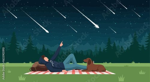 Man Enjoying Meteor Shower With Dog Under Starry Sky Adventure