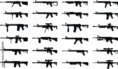 Rifle silhouettes collection, firearm models, weapon configurations, tactical guns, military rifles, hunting gear, firearm accessories, gun shapes, black silhouettes, firearm illustration, vector set