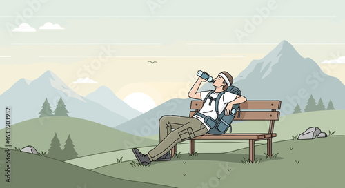 Man Enjoying Mountain View While Refreshing Himself With Water On Bench