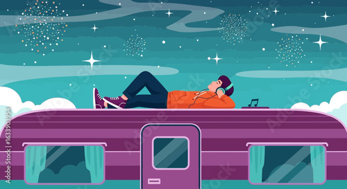 Man Enjoying Music And Stargazing On Top Of A Train At Night