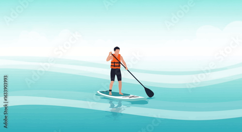 Man Enjoying Stand Up Paddle Boarding in Calm Ocean Vector Illustration