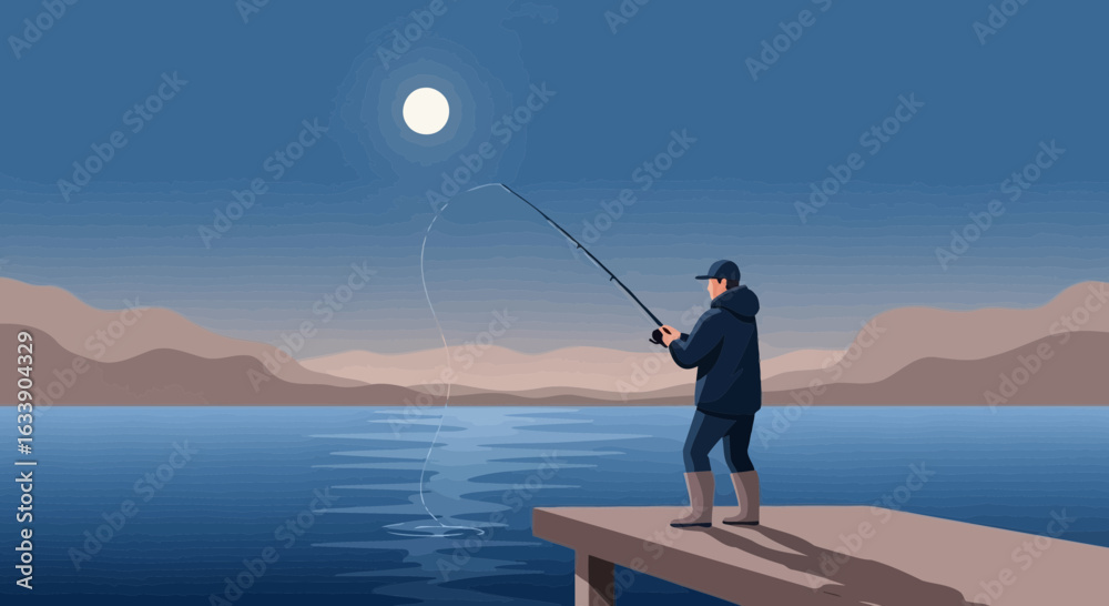 Naklejka premium Man Fishing Alone Under Moonlight Peaceful Scene on Pier Calm Waters