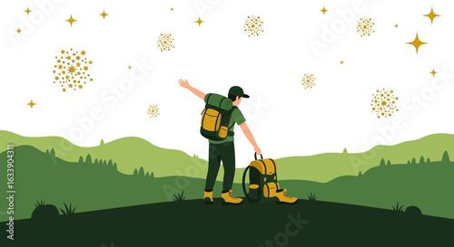 Man Exploring Serene Nature Scenery With Backpack And Stars Ornamentation At Night