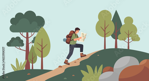 Man Exploring Nature's Trail With Map, Backpacker Hiking Through Forested Landscape