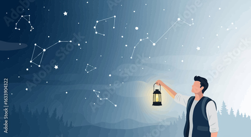 Man Exploring Night With Constellations And Lantern Creates Wonder And Adventure