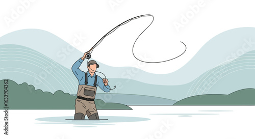 Man Fishing With Fly Rod In Stream In Nature Line Art Illustration