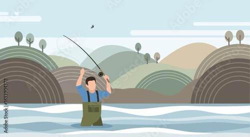 Man Fly Fishing In River Surrounded By Scenic Hills On A Relaxing Day