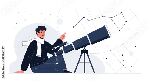 Man Gazing At Star Constellations Through Telescope Explores Universe Discoveries