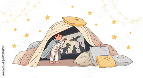 Little Boy Plays Shadow Theater Inside a Homemade Pillow Fort with Stars