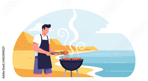 Man Grilling Food At The Beach On A Summer Day With Smoke Rising Up