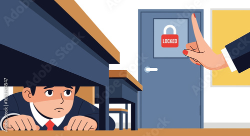 Man Hides Underneath Desk With Lockdown Situation In The Background Illustration