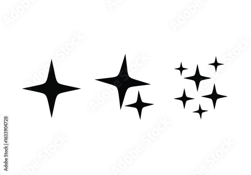 Collection of black starburst sparkles and star shapes isolated on a white background, representing shine and brilliance