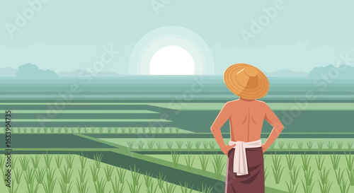 Man In Straw Hat Contemplating Rice Paddy Field At Sunrise Landscape