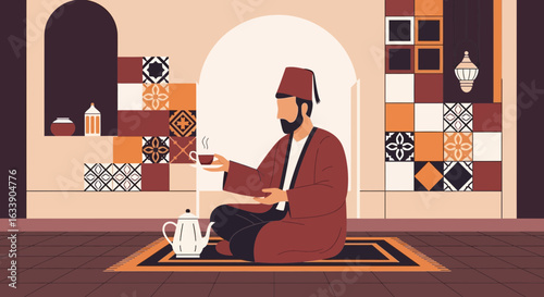 Man In Traditional Clothing Enjoys Tea In An Ornate Room For Cultural Heritage