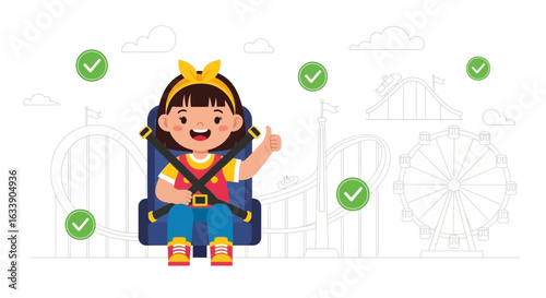 Little Girl Enjoying And Safe With Seat Belt On Amusement Park Ride