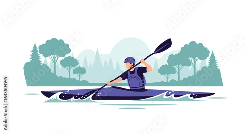 Man Kayaking In A Lake With Forest Backdrop Vector Illustration