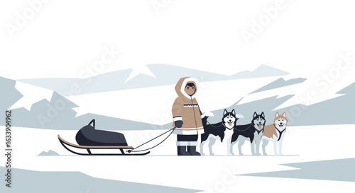 Man Leading Husky Sled Across Snowy Landscape Depicts Winter Adventure Scene