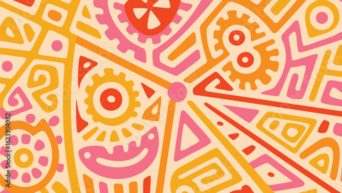 Colorful abstract pattern with gears triangles and curved shapes in shades of pink orange and yellow tones
