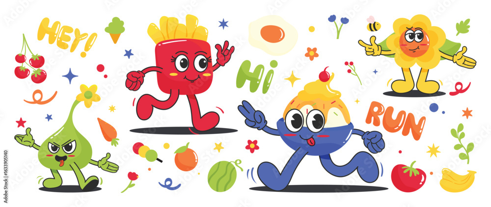 Obraz premium Cute cartoon groovy element vector. Collection of cartoon characters, doodle smile face, flower, ice cream, french fries, radish, egg, tomato. Retro groovy hippie design for decorative, sticker.