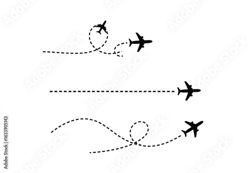 Set of three black airplane silhouettes with dotted flight paths, isolated on white background