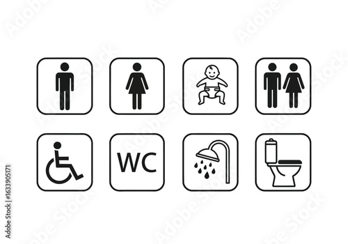 Collection of restroom and bathroom icons including male, female, baby, couple, disabled, wc, shower, and toilet symbols, isolated on white background